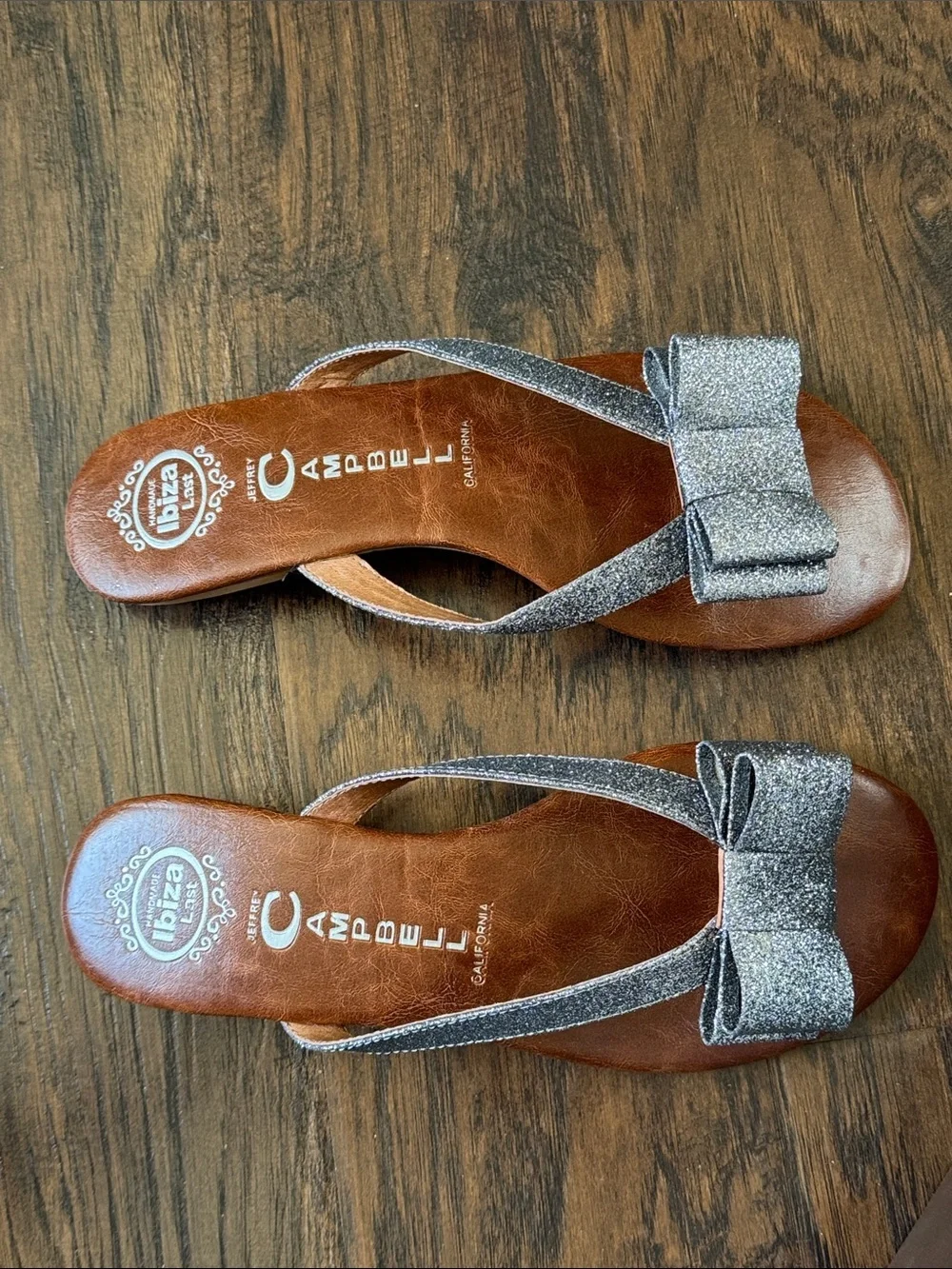 Jeffrey Campbell New Brown Leather Sandals with Sparkly Silver Glitter Bow